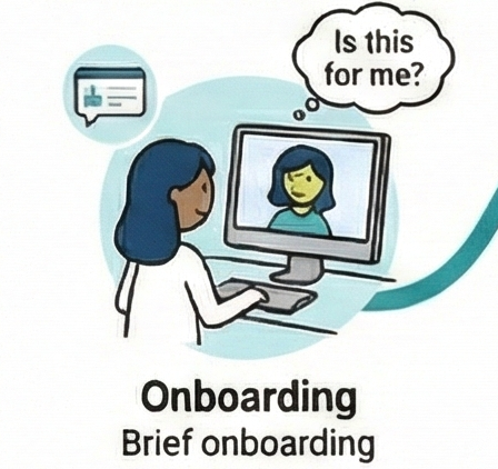 From Kali's user-journey map: a learner at a computer, wondering 'Is this for me?' Caption: Onboarding.